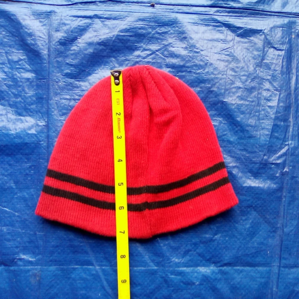 Vibrant Red Knit Hat with Black Accents